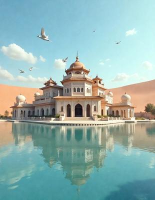 The primary subject of the image is a large, ornate white building with a dome roof, surrounded by a beautiful garden. The building is situated in a desert-like environment, with a pool of water nearby. The setting is a mix of natural and architectural elements, creating a unique and visually appealing scene. The visual style of the image is a combination of photo and digital art, resulting in a high-quality and detailed representation of the subject. The colors and mood of the image are predominantly warm and earthy tones, with a sense of tranquility and serenity.